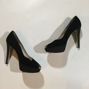 Reiss Womens Size 7 Peep Toe Platform Classic High Heels Suede Shoes In Black